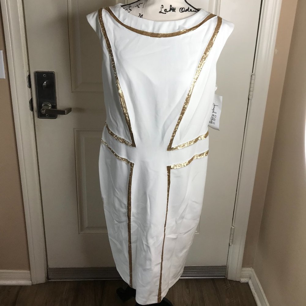 NWT Joseph Ribkoff Sleeveless Sequin Trim Sheath Dress Ivory/Gold